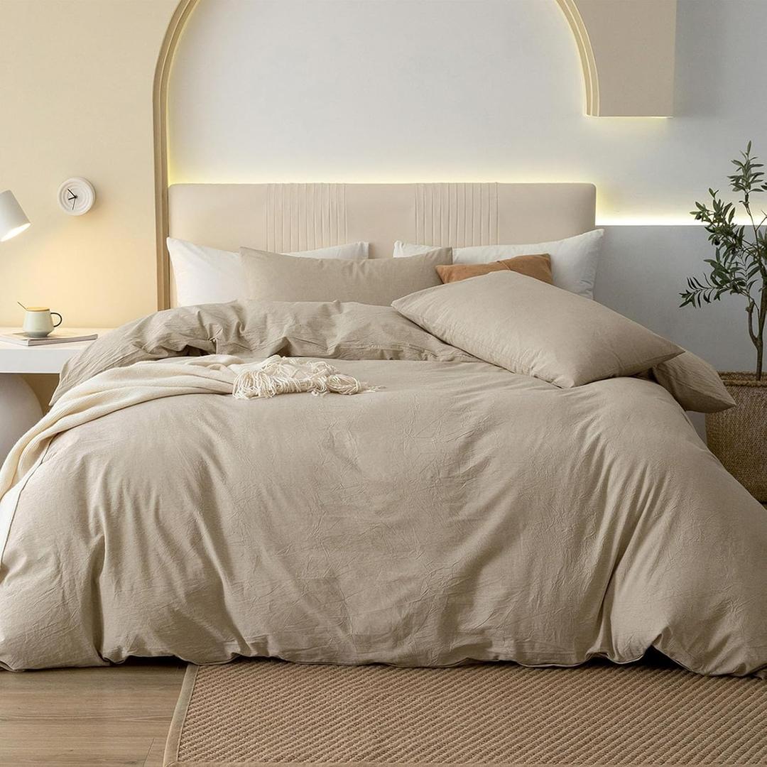 JIYUAN Queen Size Duvet Cover Set, 3-Piece - 100% Washed Cotton, Linen-Like Soft & Breathable with Zipper Closure, Includes 90x90 Inch Cover & 2 Pillowcases, Heathered Tan