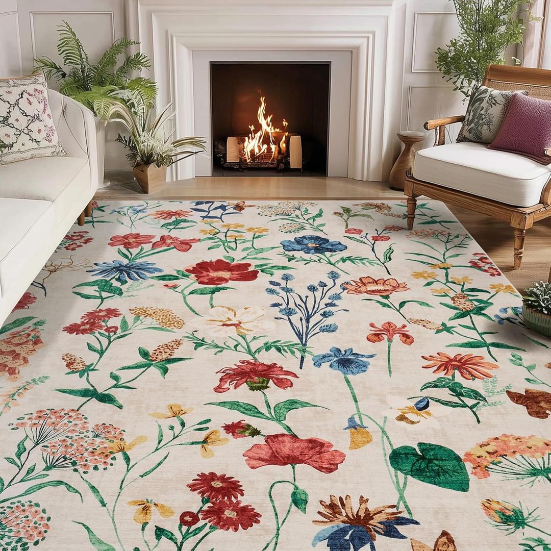 GarveeHome 8x10 Area Rug for Living Room, Floral Washable Rugs Low Pile, Soft Non Slip Vintage Carpet for Bedroom, Kitchen, Dining Room, Office, Beige