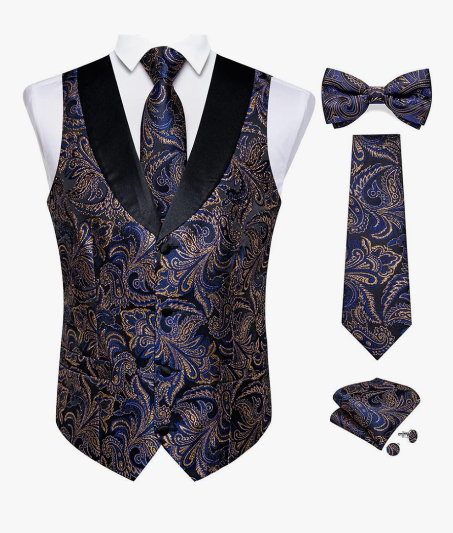 Men's Paisley Vest Necktie Bowtie Handkerchief Cufflinks Set For Business Wedding Waistcoat Dress, Size M