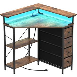 Corner Desk with Drawers Shelves for Small Space 90 Degrees Triangle Computer Desk with Power Outlets,Gaming Desk with LED Lights Monitor Stand for Home Office Workstation Writing Table (Brown)