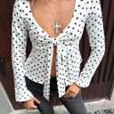 Women Y2k Polka Dot Bow Tie Front Split Hem Peplum Crop Tops Coquette Sweetheart V Neck Long Sleeve Fall Shirts (S)