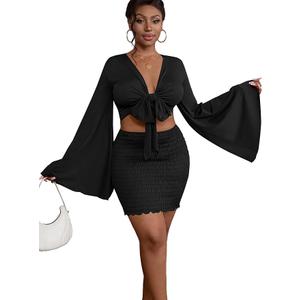 LYANER Women's 2 Piece XXL Outfits Tie Knot Front Bell Long Sleeve Crop Top and Mini Skirt Set