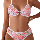 Fanuerg Women's Triangle Bikini Sets O Ring Linked Two Piece Swimsuits Floral Printed Cheeky Bathing Suit Medium Size