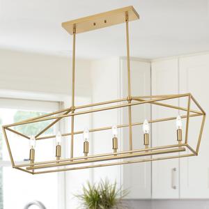6-Light Kitchen Island Lighting, Gold Linear Chandelier Dining Room Over Table, Rectangle Pendant Light Fixtures Golden Finish for Living Room