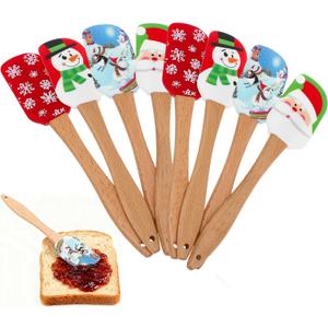 DOITOOL 8 Pcs Christmas Silicone Spatula Santa Claus Elk Snowflake Snowmen Xmas Cake Spatula with Wooden Handle for Baking and Mixing Christmas Party Kitchen Utensil