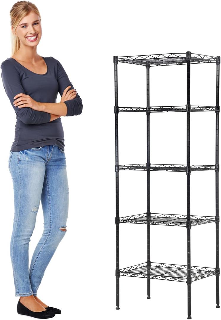 5-Tier Wire Shelving Unit Adjustable Height 750lbs Capacity Metal Shelf, 16.7"x 11.8"x 47.6" Space-Saving Storage Rack for Restaurant Garage Pantry Kitchen, Easy Assembly, Black