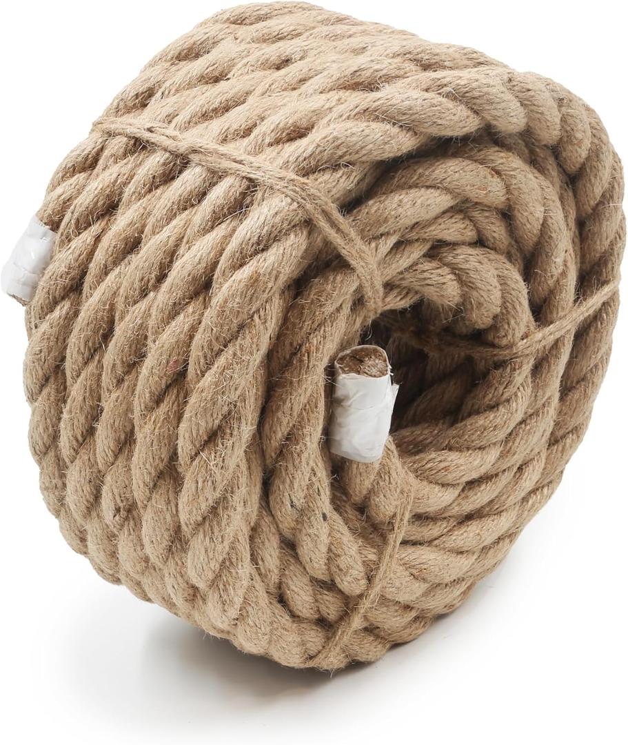 Natural Jute Rope 3/4 Inch x 50 FT (20mm)  Thick Twisted Jute Rope for Porch Swing, Railing, Landscaping & Rustic Home Dcor