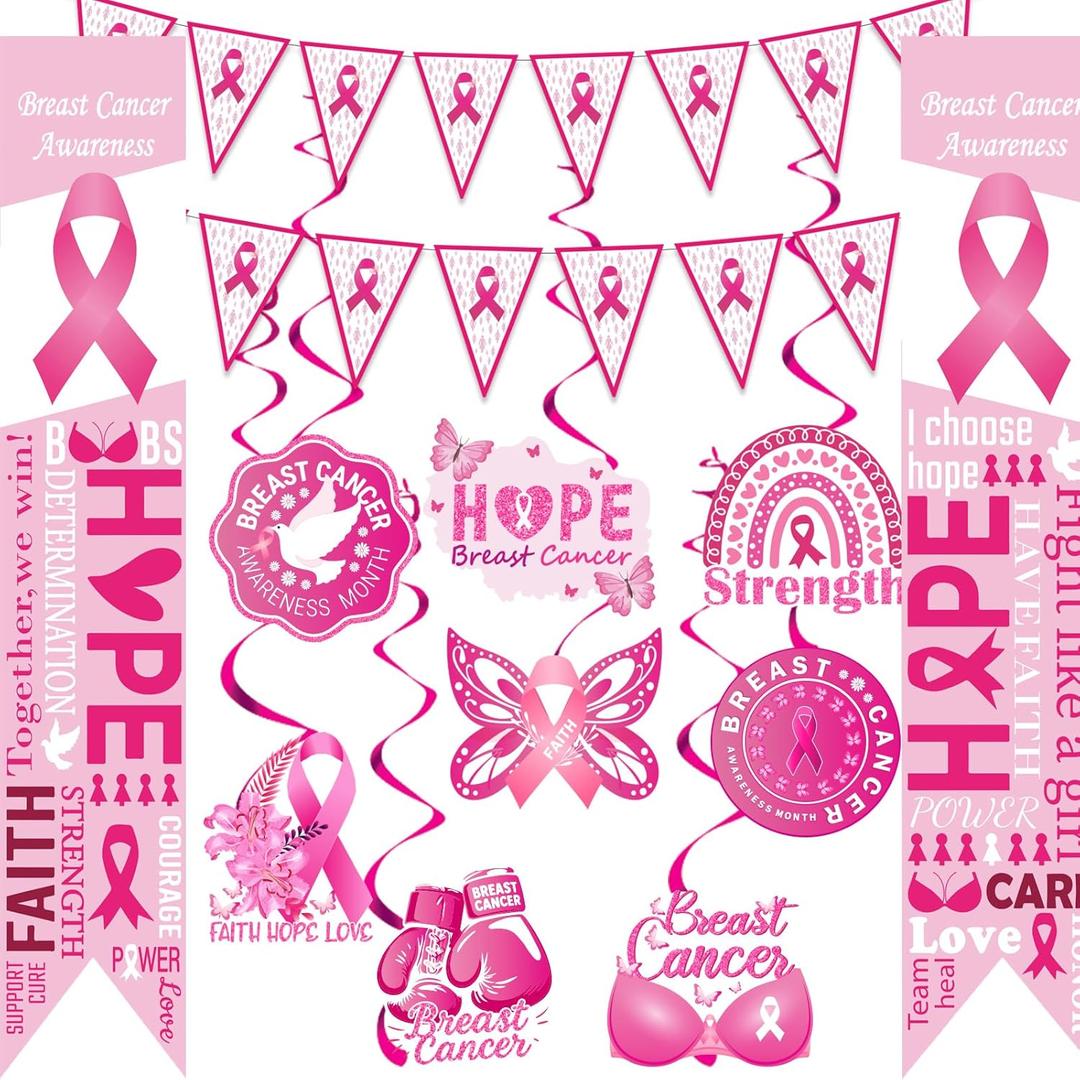 Breast Cancer Awareness Decorations,Include Pink Ribbon Hanging Swirls,Breast Cancer Awareness Pennant Banner and Porch Sign for Breast Cancer Public Charity Activity Party Decor Supplise.