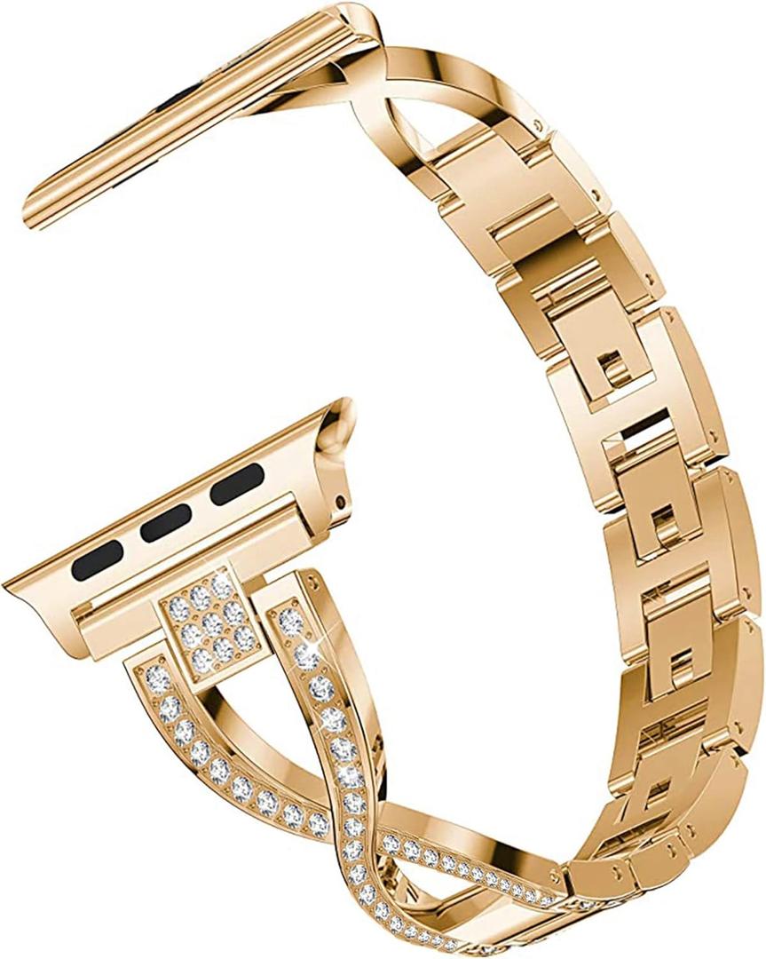Compatible with Apple Watch Band 45mm 44mm 42mm/41mm 40mm 38mm, Rhinestone Diamond Sparkle Bling Glitter Jewelry Metal Wristband Strap for iWatch Series 7 6 5 4 3 2 1 SE,Rose Gold,42mm/44mm/45mm