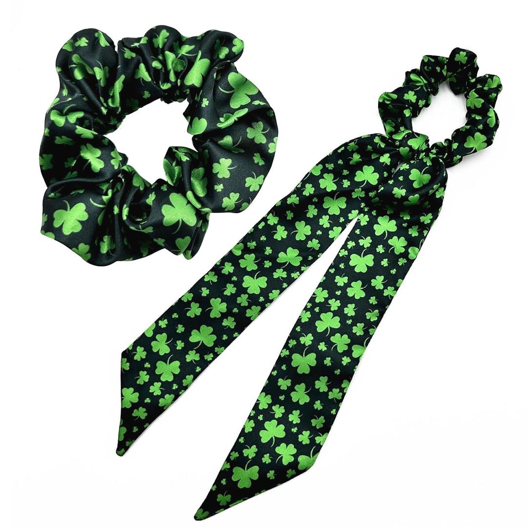 2 x 2PCS Green Shamrock Hair Ties for Women Girls, St Patrick's Day Hair Accessories for Thick Hair, Dark Green Clover Leaf Hair Ties, Long Tail Hair Ties Hair Cuff for Irish Day Parade Party