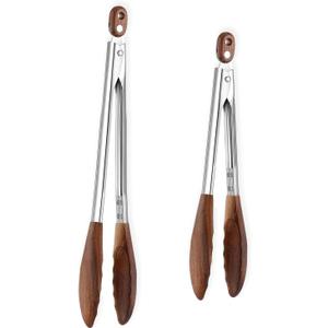 Wooden Tongs for Cooking Heat Resistant 2 Pcs 9 Inch 12 Inch Wooden Salad Tongs with Wood Tip for Serving Food Walnut Wood Kitchen Utensils for Toaster Home Chefs Gift Suitable for Non-stick Cookware