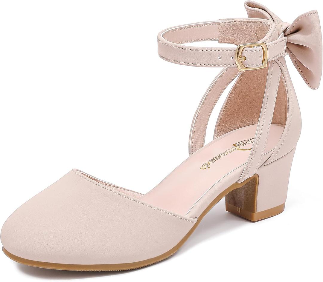 Girls Heels Dress Shoes Flower Girl Pumps with Cute Bow Closed Toe High Heels Adjustable Buckles Wedding Party (5 Big Kid, Nubuck Nude)