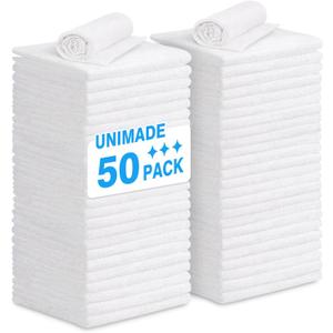 UNIMADE Shop Towel Rags, 50 Pack Reusable Shop Rags Bulk Microfiber Cleaning Cloth Lint Free Cleaning Towels for Car Kitchen Automotive Bar Mechanic Restaurant Garage, 11.5"x 11.5", White