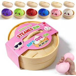Dumpling Squishies,3.4inch Colorful Dumpling Stress Balls, Fidget Sensory Toy, Squeeze Dough Ball Stress Relief Hand Toys with Food Steamer, Dumpling Squishy Mystery Box, 6 Colors Random(1pack)