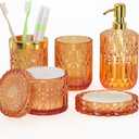 Orange Bathroom Accessories Set, 5 Pcs Clear Glass Bathroom Accessories with Lotion Soap Dispenser, Soap Dish, Toothbrush Holder, Tumbler, Cotton Swab Jars