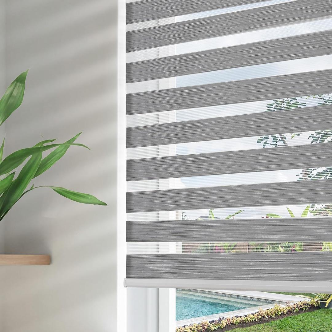 Joydeco Cordless Zebra Blinds for Windows, Dual Layer Free-Stop Zebra Shades Privacy Light Control for Day and Night, Light Filtering Sheer Blinds for Indoor Windows (Grey, 34" W x 75" H), 34" W X 75" H Ready Made