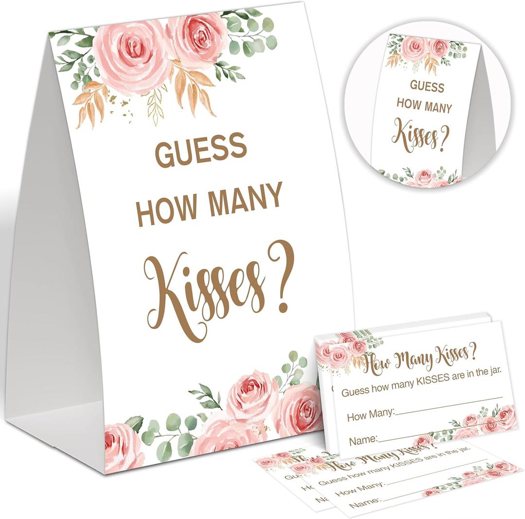 Boho Floral How Many Kisses Bridal Shower Game,Wedding Shower Games,Engagement Party Games,Bachelorette Party Games,Bridal Shower Decorations(1 Sign & 50 Cards),8