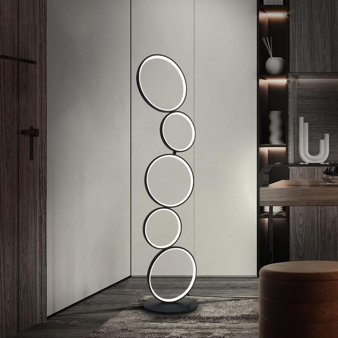 COSYLUX LED Modern Floor Lamp for Bedroom, 3 Way Bright Dimmable Corner Floor lamp with 5-Ring 2-in-1 Standing Tall End Table Lamp for Living Room & Office Reading Light, 3260LM, 6000K, Black.