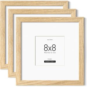 8x8 Picture Frames with Mat for 4x4 set of 3, Solid Oak Wood Frame with Tempered Glass for Wall Mount(3 Pack,Oak)