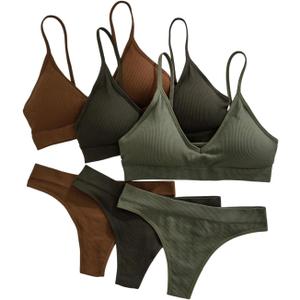 Women's 6 Piece Ribbed Knit Lingerie Sets Seamless Wireless No Show Bra and Panty Thong Sets Matching Underwear Sets (Large, Multi Green)