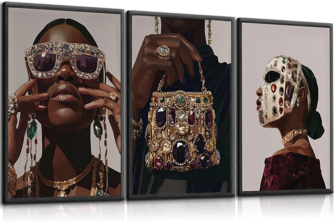 3pcs Black Trendy Girl Canvas Wall Art Luxurious Fashion Jewelry Wall Decor African American Woman Posters Prints Stylish Girl's Room Wall Decoration for Bedroom and Living Room(12x16in Poster) (12L" x16W")