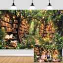 10X8ft Enchanted Forest Fairy Library Backdrop Fairy Tale Magic Bookshelf Green Garden Book Tree Floral Butterfly Photography Background Birthday Party Decorations Baby Shower Banner Photo Booth Props