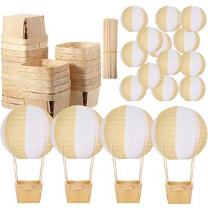 Namalu 24 Set Hot Air Balloon Baby Shower Centerpieces Paper Lanterns Wooden Candy Boxes with Sticks DIY Craft for Graduation Birthday Wedding Party Table Decoration(White Khaki)