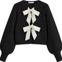 Lianlive Women's Bow Tie Front Cardigan Sweater Long Sleeve Knit Sweaters Top Open Front Chunky Coat Knitwear (Black, Small)