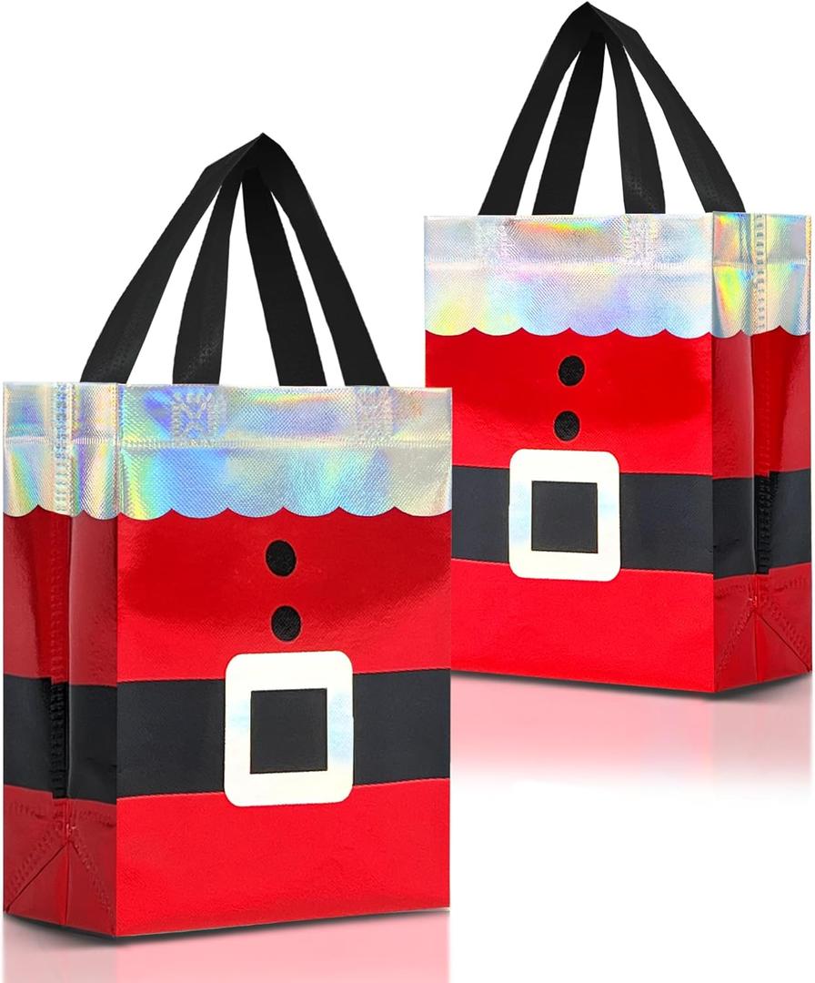 Nush Nush 12 Christmas Gift Bags Medium Size  Reusable Christmas Bags for Gifts With Handles and Holographic Santa Design - Perfect for Holiday Gifts, Presents,Goodies, Xmas Party Favors - 8 x4 x 10