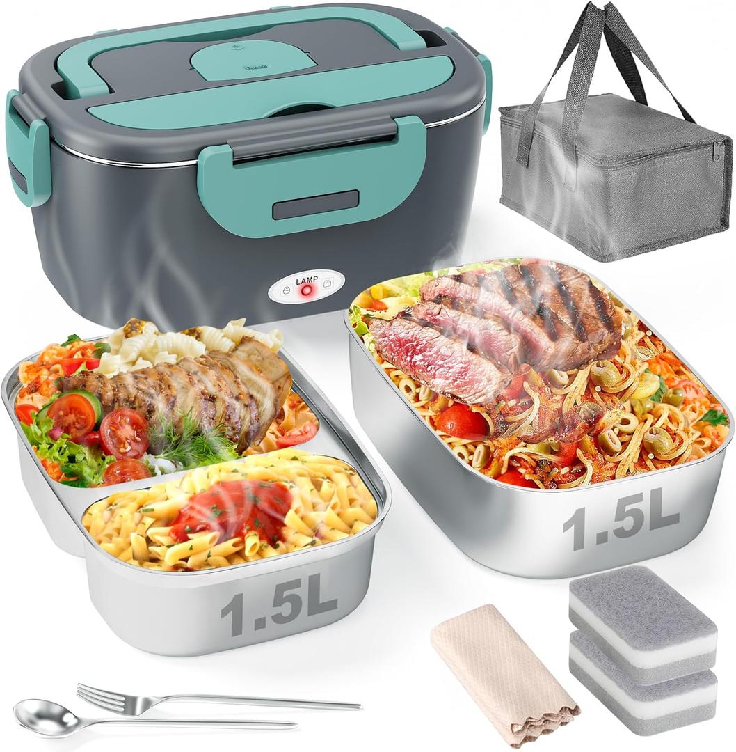 Geveniss Electric Lunch Box for Adults, Heated Lunch Box for Car and Truck, Portable Food Warmer for Office Work, 80W Fast Heating, Dual Removable 1.5L Stainless Steel Containers