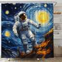 Starry Sky Shower Curtain Astronaut Blue Sky Universe Space Creative Oil Painting 70" Wx70 H Fabric Bathroom Decor Curtain with Hooks