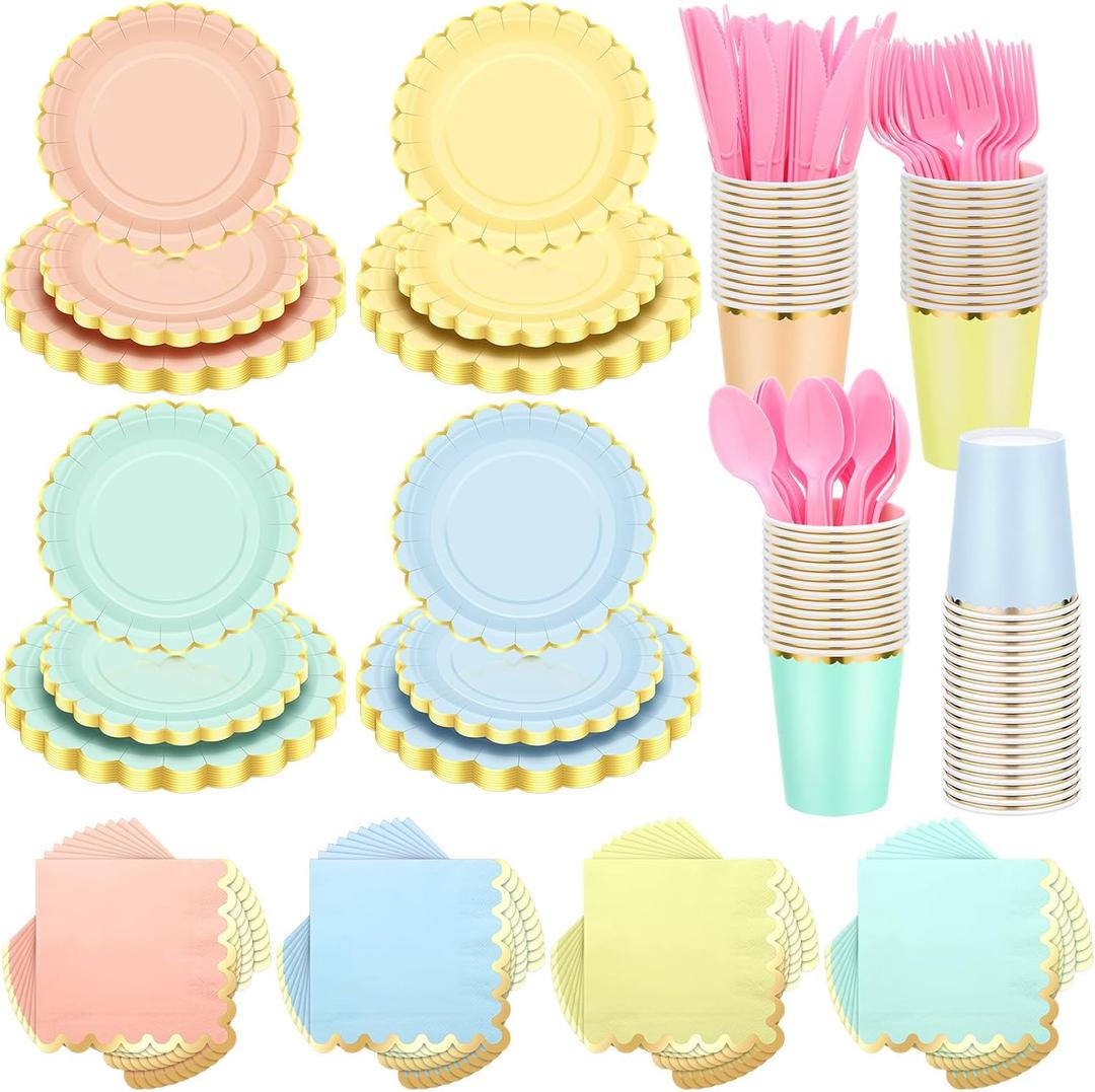 Yaomiao 336 Pcs Plates and Napkins Party Supplies Disposable Dinnerware Set Scalloped Plates Cups Napkin with Plastic Forks Knives Spoons Serve 48 Guests for Birthday Wedding (Rainbow,Classic)