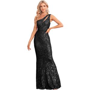 One Shoulder Formal Sequin Dress for Women Sparkly Bodycon Evening Gowns Maxi Mermaid Ball Long Dresses (Medium, Black)