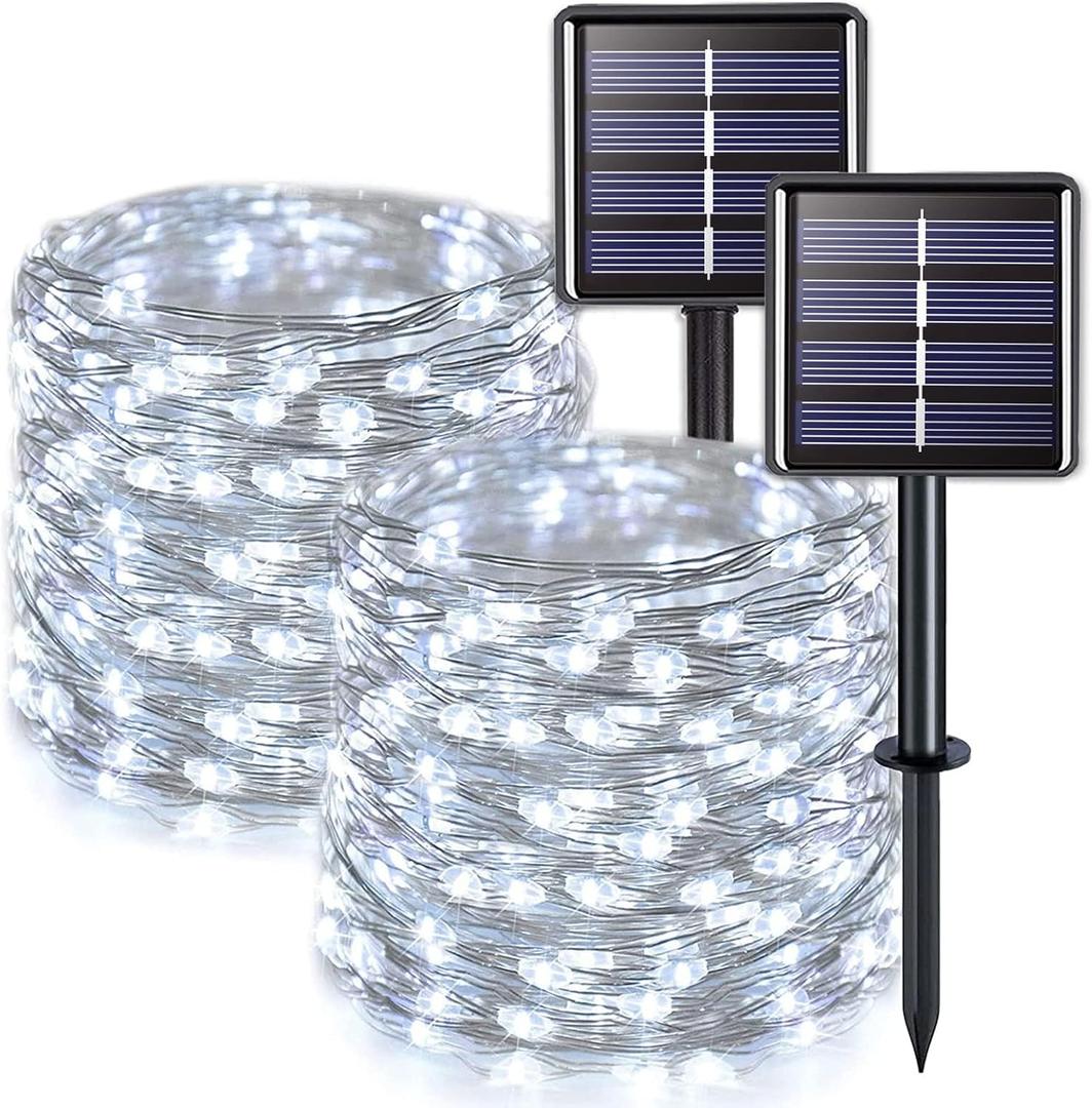 JMEXSUSS 2 Pack Solar String Lights Outdoor Waterproof, Each 33FT 100 LED Solar Fairy Lights Outdoor, 8 Modes White Christmas Light for Outside Yard Tree Patio Garden Wedding Christmas Decorations White