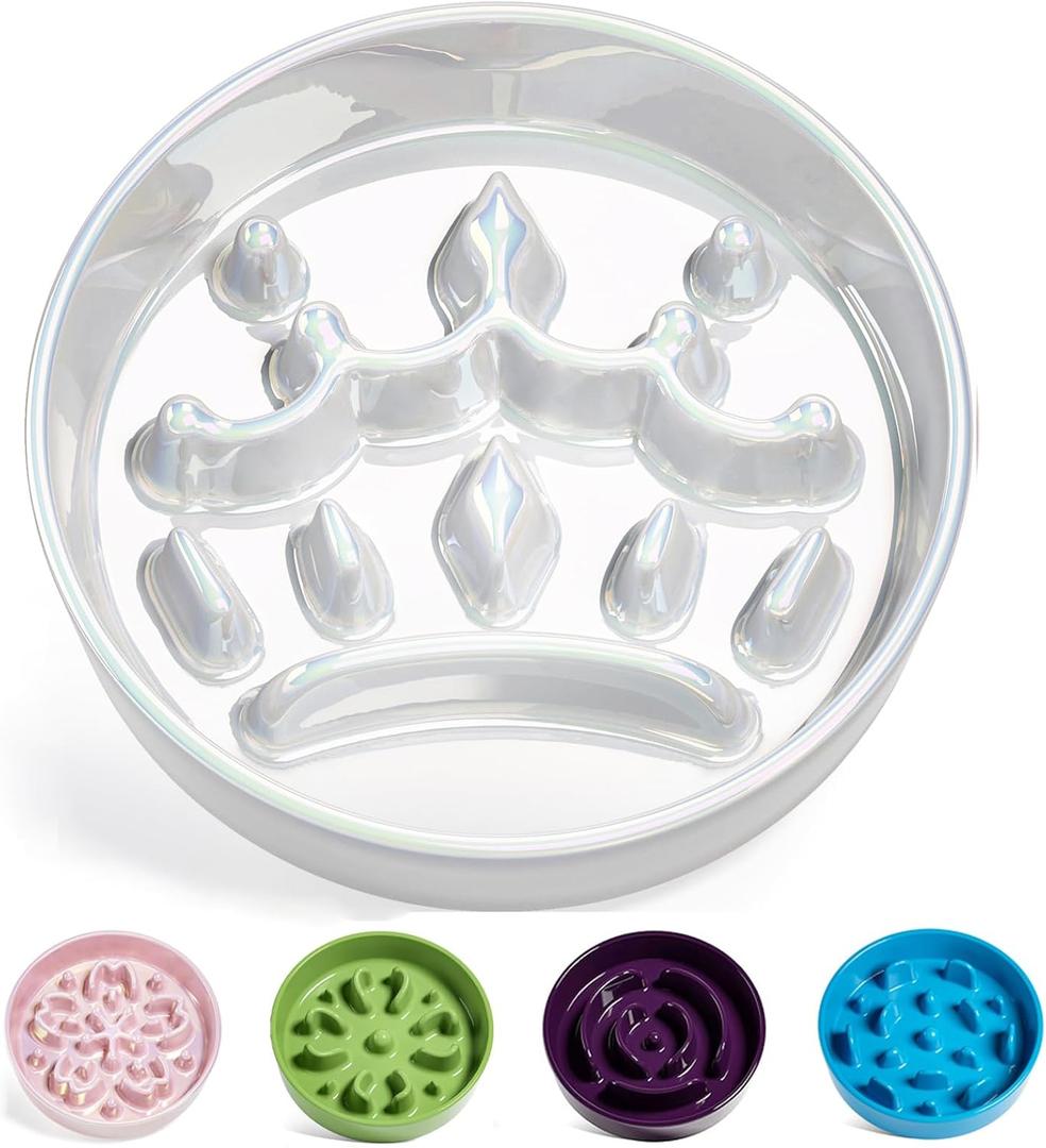 LE TAUCI Ceramic Slow Feeder Dog Bowls Small Breed, 0.6 Cups Dog Food Dish for Fast Eaters, Puzzle Bowl for Small Dogs and Cats,Crown Silver