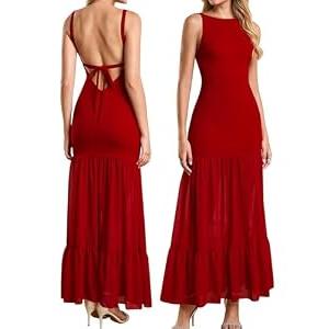 HTZMO Women Elegant Formal Bodycon Maxi Dress Sexy Backless Bow Tie Ruffle Flowy Wedding Guest Party Long Dresses Red XS
