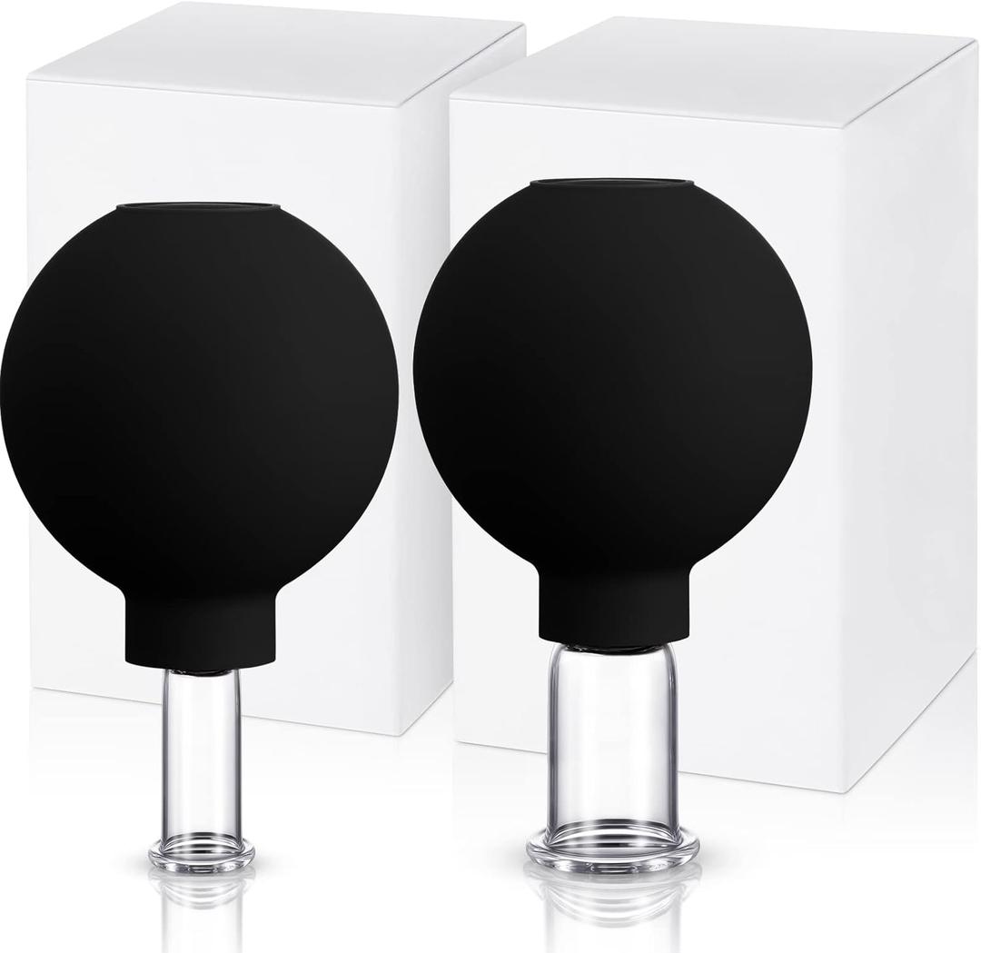 Nuanchu 2 Pieces Facial Cupping Set, Glass Cupping Cups Glass Silicone Cups Vacuum Suction for Face Skin Back Shoulder Muscle(1 Inch and 0.65 Inch Diameter, Black)