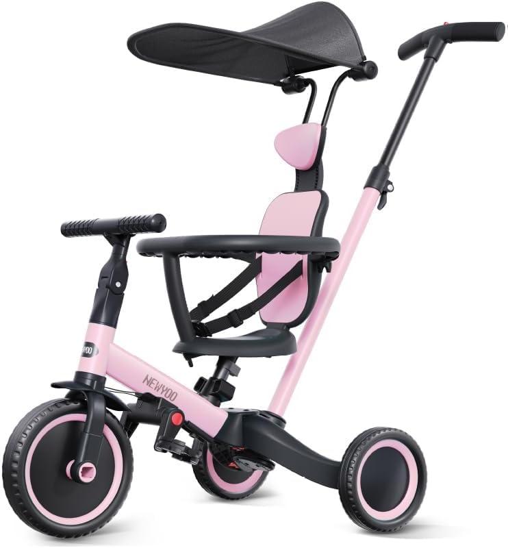 newyoo Tricycle for Toddlers 1-3, Toddler Tricycle with Push Handle and Canopy, Toddler Bike, Birthday Gift and Toys for Girl and Boy, 6 in 1 Baby Trike, Balance Bike, TR009, Pink, Large