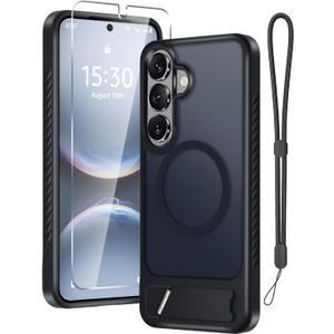 for Samsung Galaxy S26 Case with Screen Protector+Lanyard Wrist Strap,Magnetic Translucent Matte Rugged Slim Phone Cover Built in Invisible Kickstand [Fit for MagSafe],2026 Black