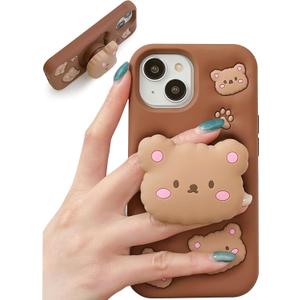 Kawaii 3D Teddy Bear Phone Case for iPhone 15 Pro Max (with Retractable Phone Stand & Grip) Cute Girly Cartoon Soft Silicone Phone Cover for Girls, Kids, Teens, and Women, Brown