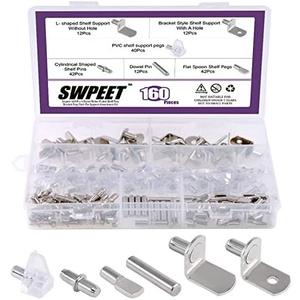 Swpeet 160Pcs 6 Styles Shelf Pins Assortment Kit, Top Quality Nickel Plated Shelf Bracket Pegs Cabinet Furniture Shelf Pins Support for Shelf Holes on Cabinets, Entertainment Centers