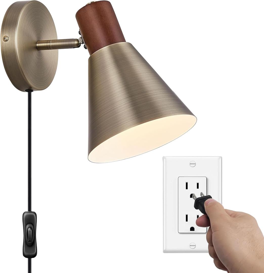Plug in Wall Sconces Lighting Fixture Pack of 2, Wooden Adjustable Bedside Wall lamp for Industrial Bedroom, Living Room Bathroom Sink Lighting (1, Vintage Brass)