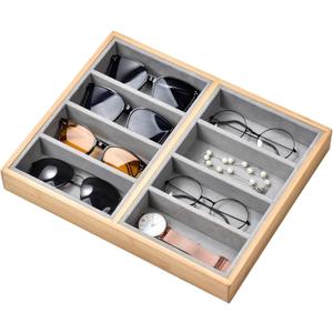 Natural bamboo Glasses Eyeglass Eyewear Sun glasses Sunglasses Box Storage Case Tray Display Showcase Organizer Box (Grey 8 Grids)