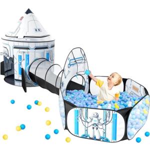 Kids Ball Pit for Play Tent: 3PC Rocket Ship Baby Gifts, Spaceship Tents and Crawl Tunnel for Toddlers, Astronaut Pop Up Playhouse Toys for Indoor Outdoor Games (White)