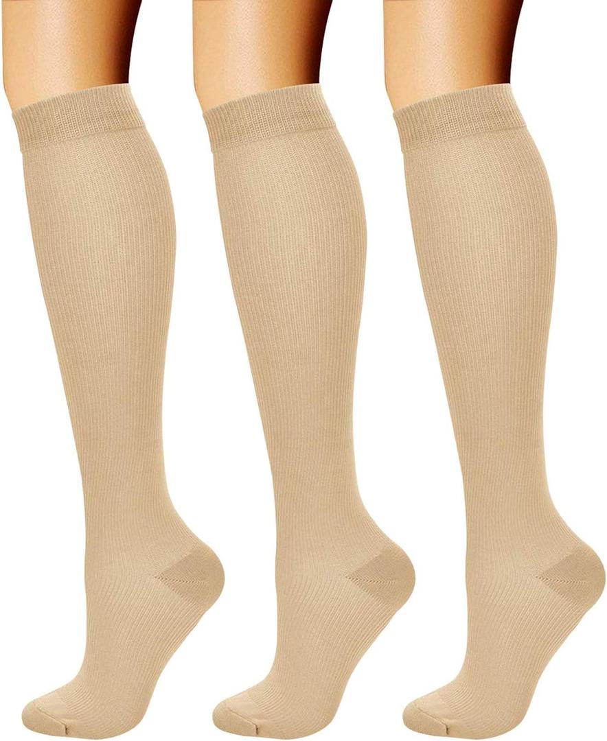 CHARMKING Compression Socks for Women & Men Circulation (3 Pairs) 15-20 mmHg is Best Athletic for Running, Flight Travel, Support, Cycling, Pregnant - Boost Performance, Durability (S/ M, Beige)
