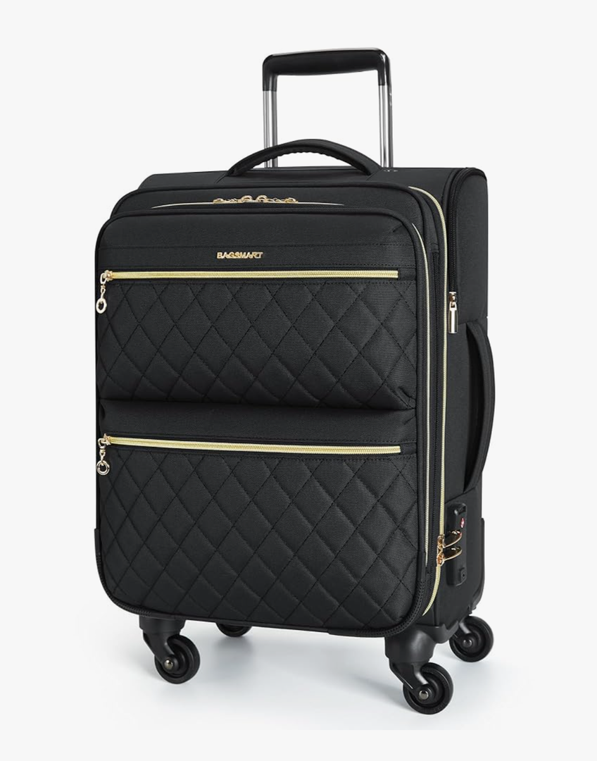 BAGSMART Softside Expandable Luggage Airline Approved with Spinner Wheels, 20 Inch Carry On Luggage 22x14x9 with TSA Lock, Quilted Rolling Suitcases for Women, Black