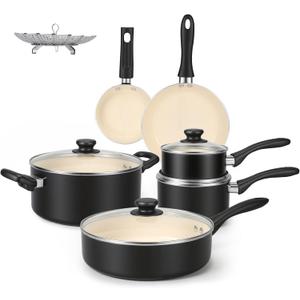 Amazon Basics 11-Piece Ceramic Non-Stick Pots and Pans Set, Dishwasher & Oven Safe, Easy Clean, Glass Lids, Black/Cream