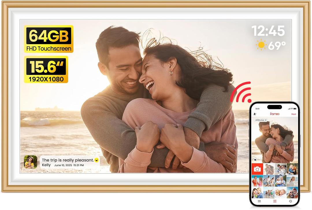 64GB Frameo 15.6" Digital Picture Frame Large 1920 x 1080 IPS FHD Touch Screen WiFi Electronic Photo Frames Share Moments Instantly Anywhere Best Gifts for Parents and Grandparents Golden White