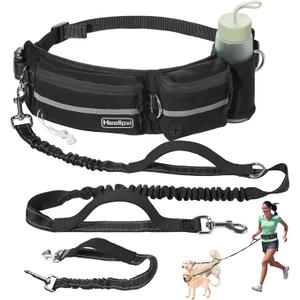 Hands-Free Dog Leash With Pouch, Waist Attachment for Walking Two Dogs, Reflective Stitching, Dual Handle, Bungee Retractable Running for Medium to Large Dogs Black