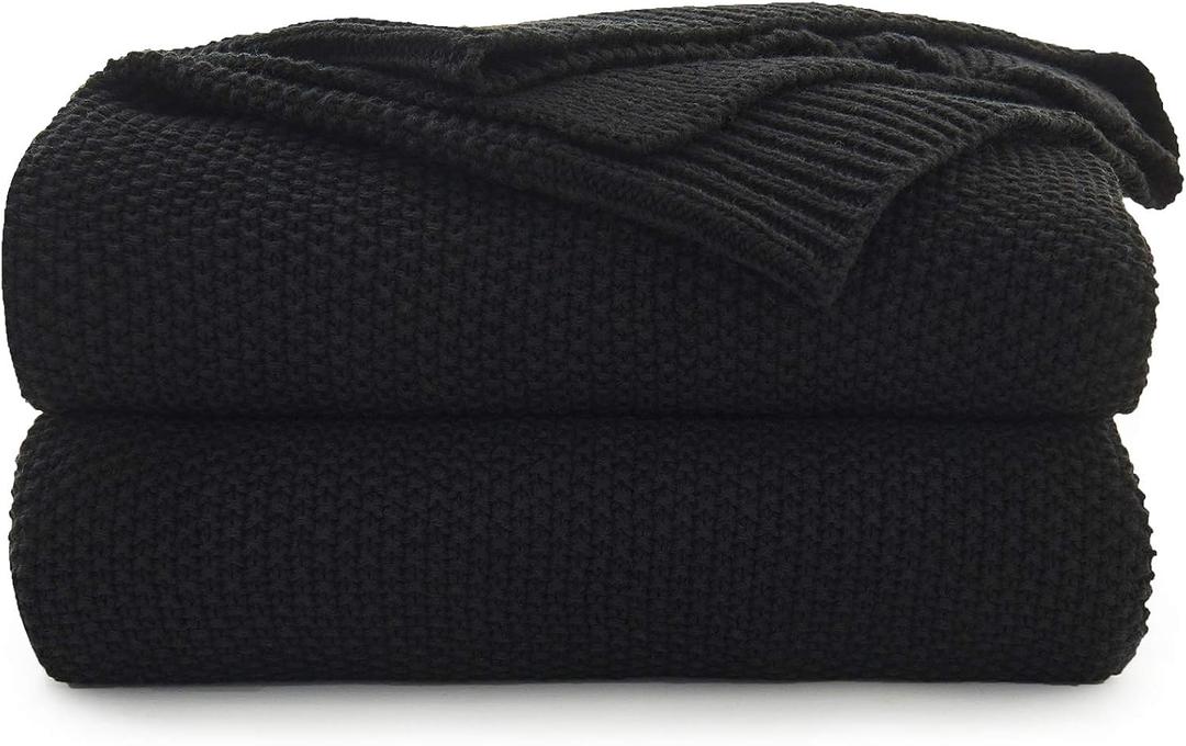 Longhui Bedding Black Cotton Cable Knit Throw Blanket for Couch Sofa Chair Bed Home Decorative, 2.5 Pounds 50 x 60 Inch Lightweight Woven Throw Blankets with Bonus Laundering Bag, Machine Wash